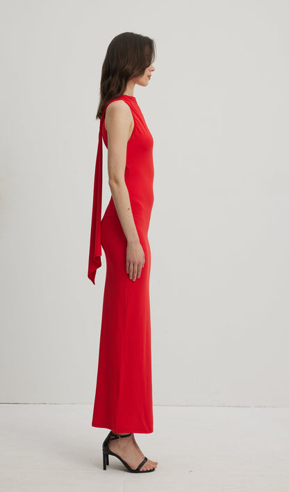 Asymmetrical Scuba Jersey Maxi Dress Ruby