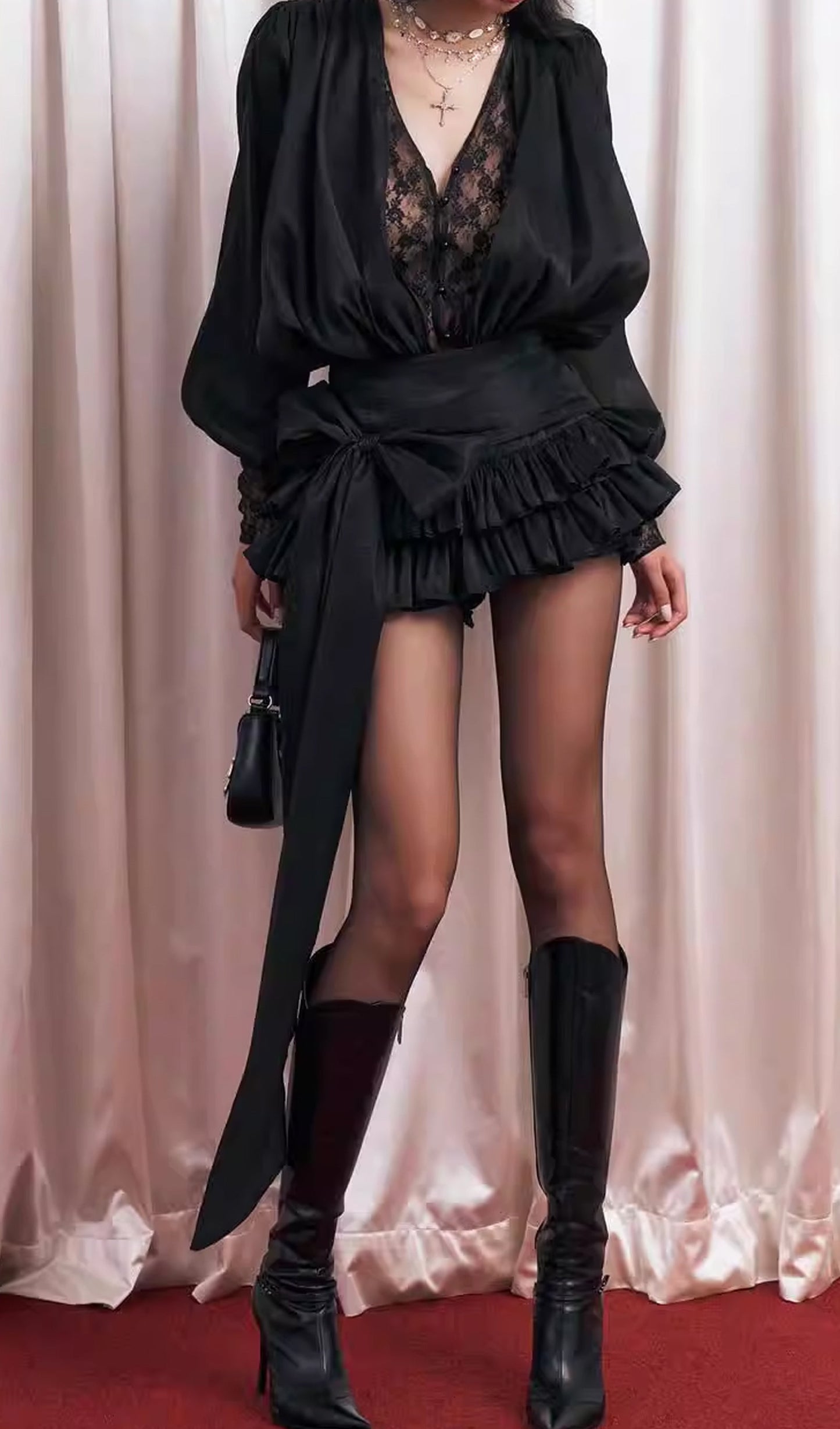 Lace Waist Panel Shirt Mini Dress In Black