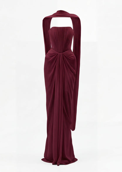 Maison Chiffon Maxi Dress With Cape In Claret