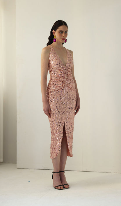 Diamante Ruched Midi Dress Pink