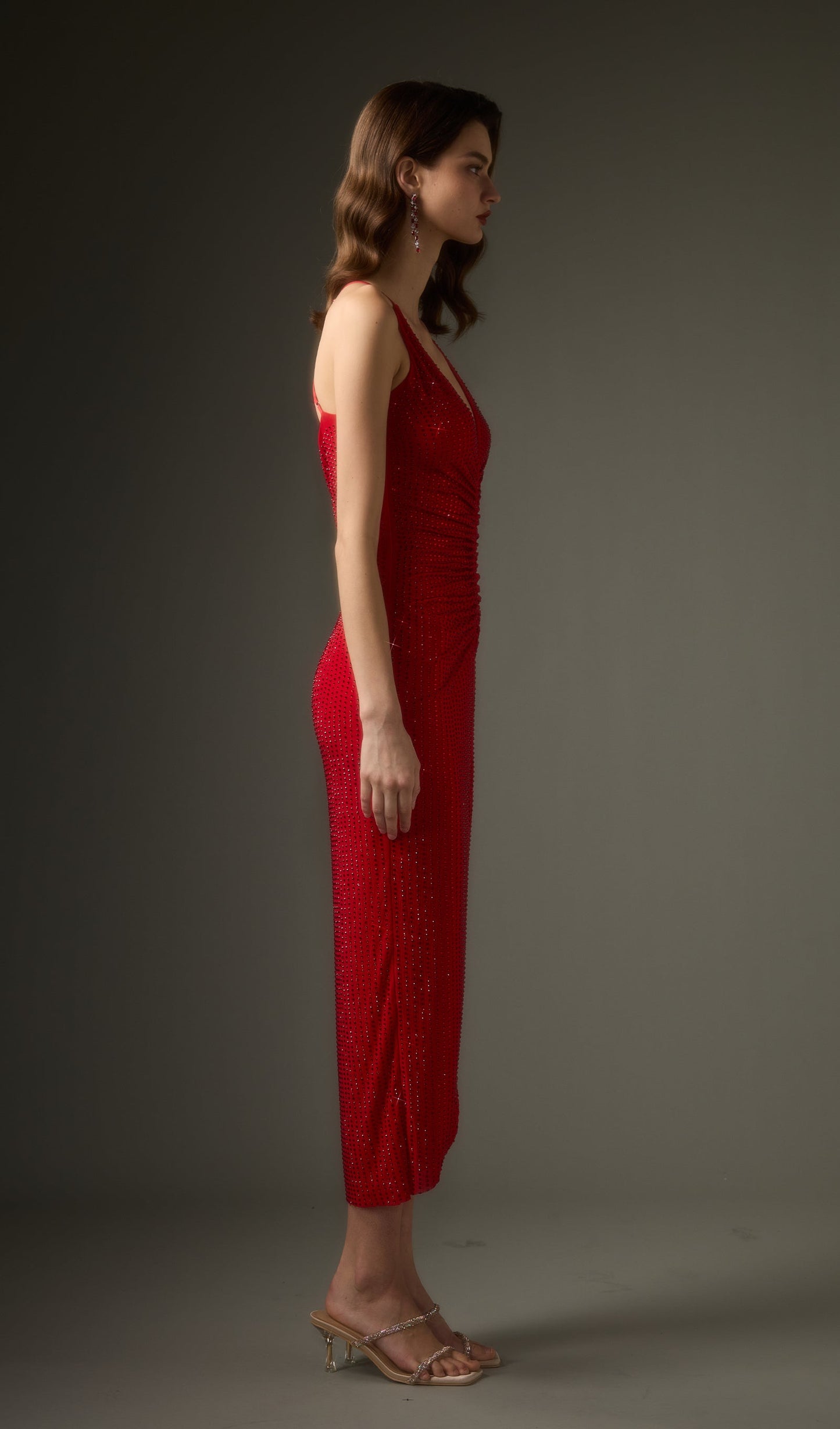 Diamante Ruched Midi Dress In Red