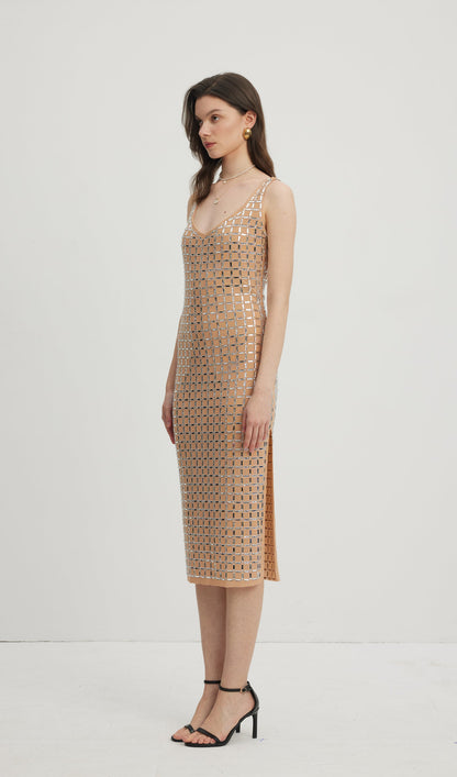 Embellished Open-Back Midi Dress Nude