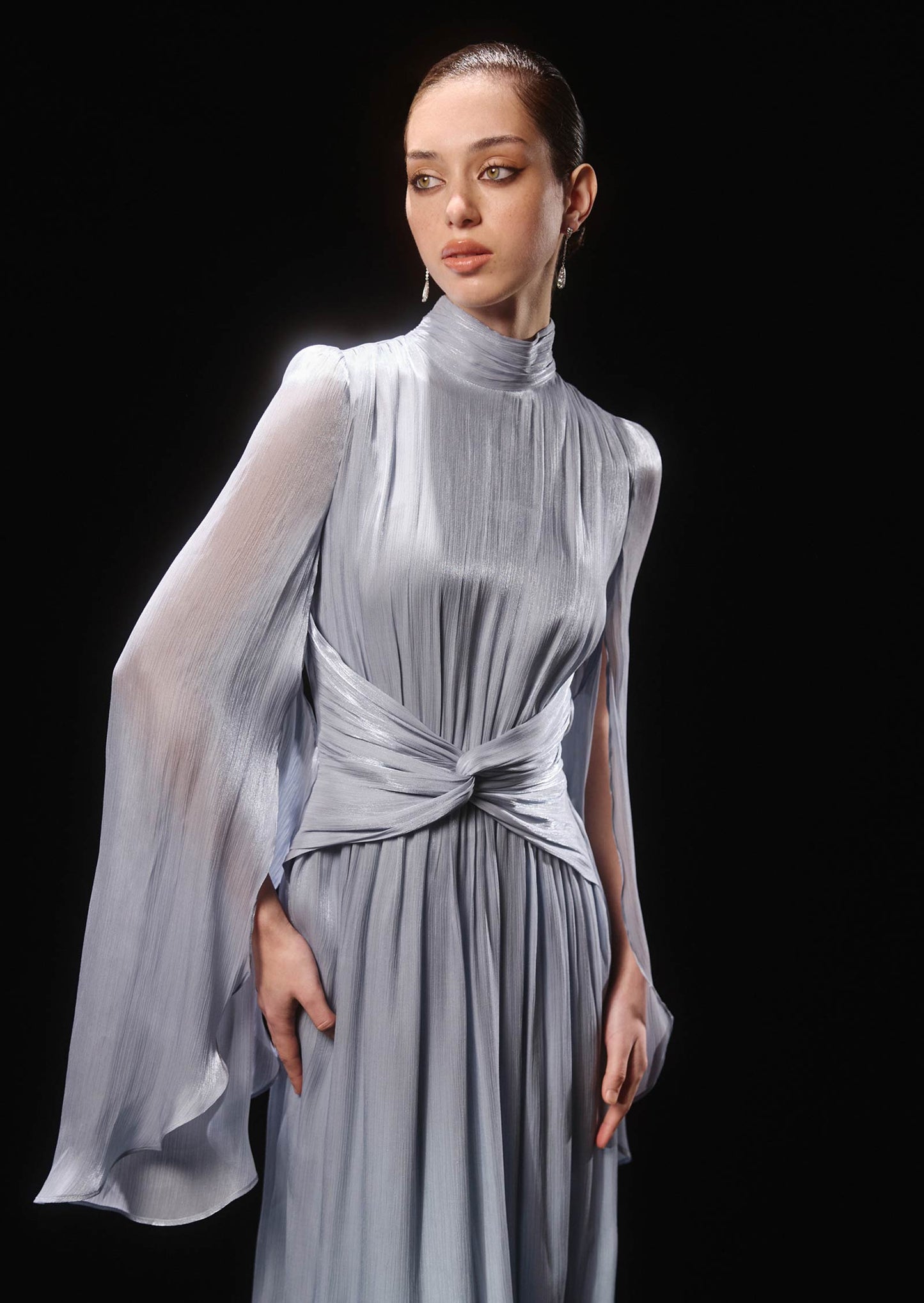 Metallic Fabric Maxi Dress With Light Sleeves