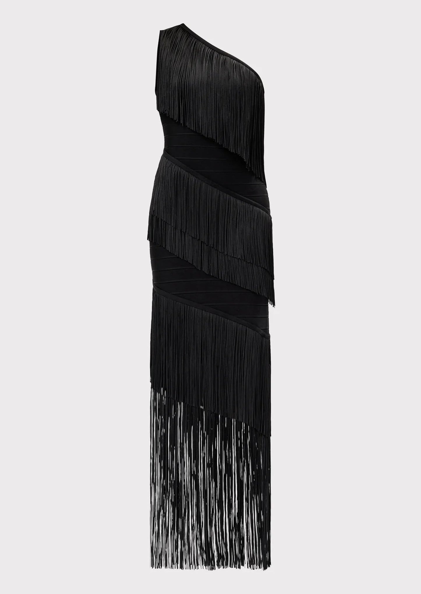 One Shoulder Cascading Fringe Maxi Dress