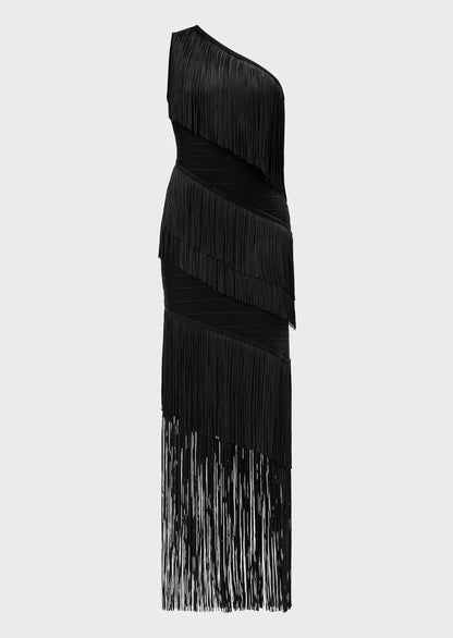 One Shoulder Cascading Fringe Maxi Dress