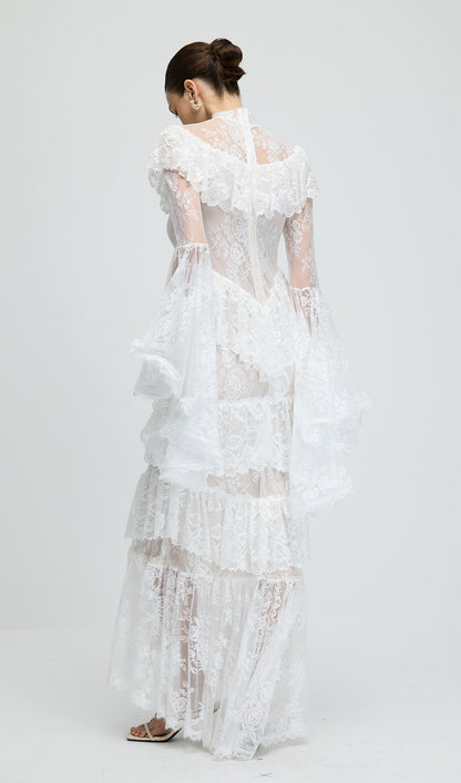 Floral Lace Ruffled Maxi Dress In White