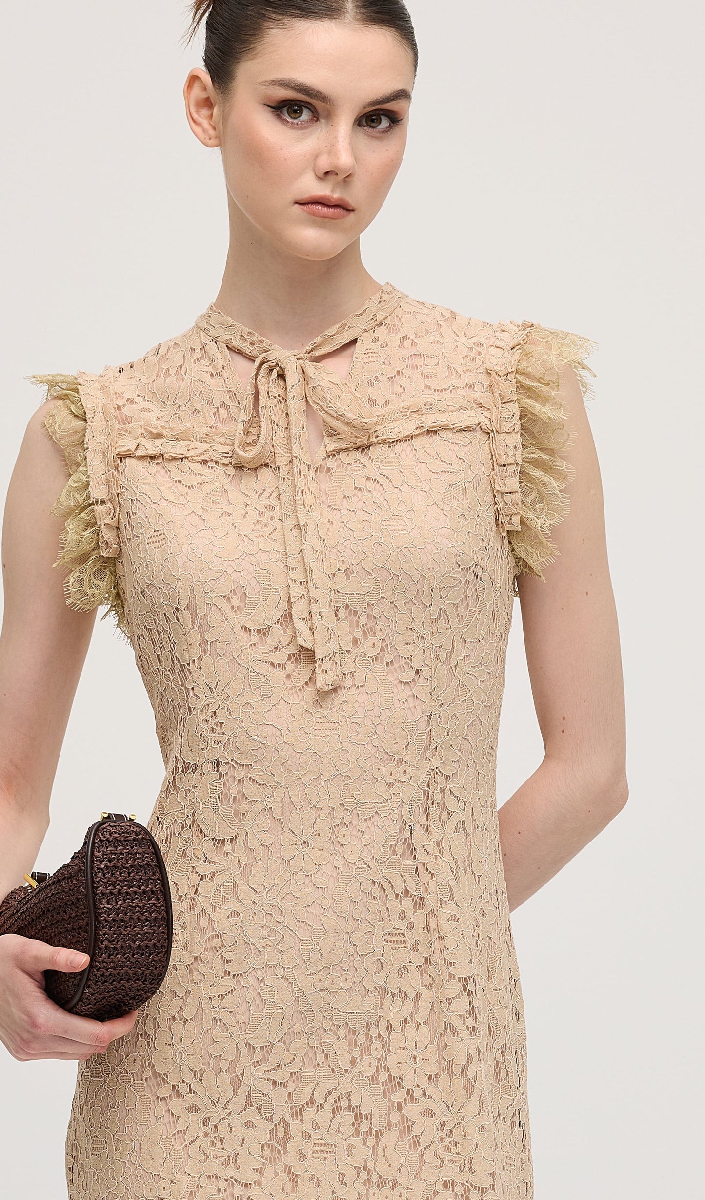 Vintage Embroidered Ruffled Lace Midi Dress