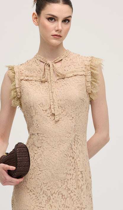Vintage Embroidered Ruffled Lace Midi Dress