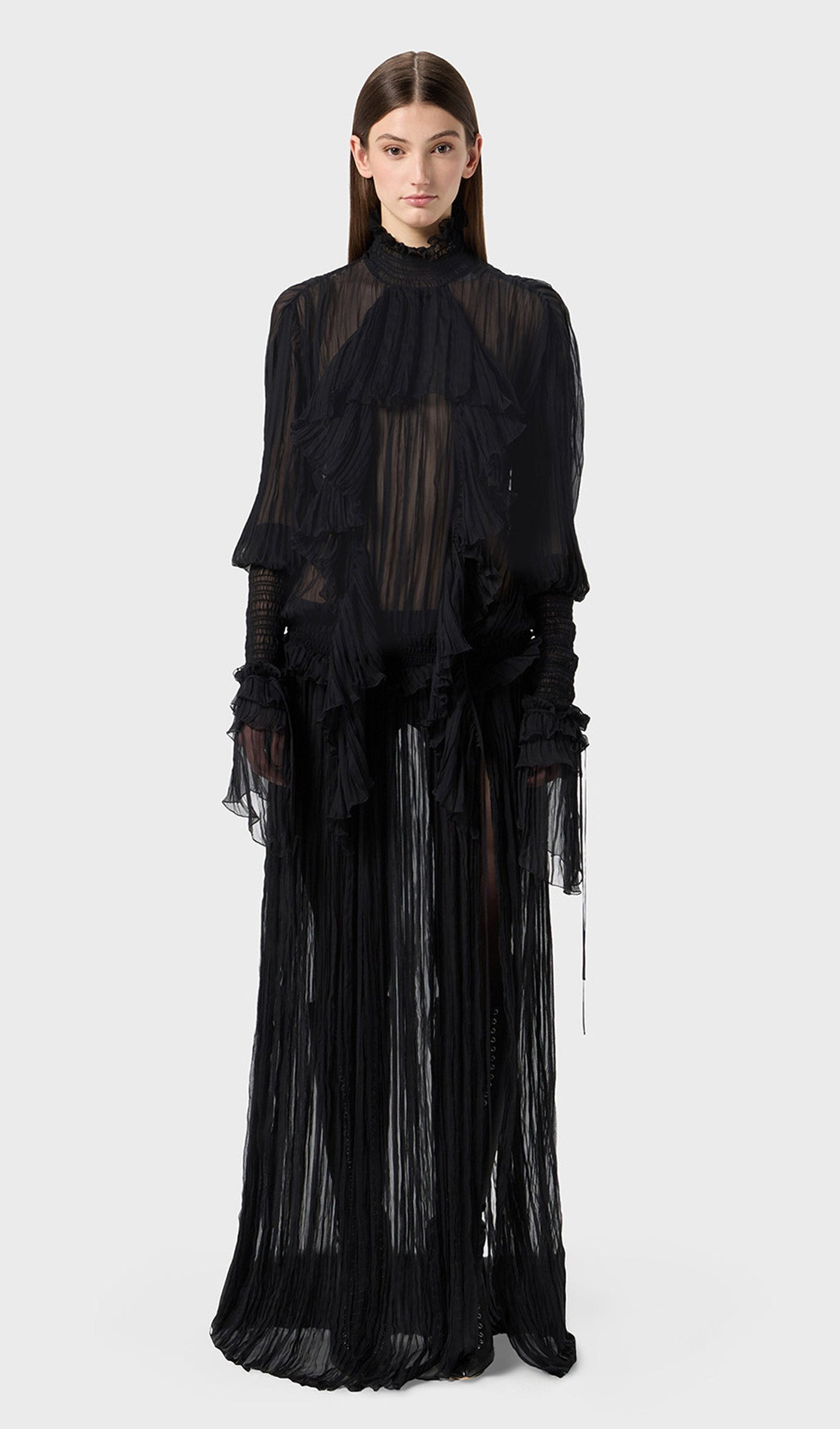 Pleated Silk-Chiffon Slit Maxi Dress In Black