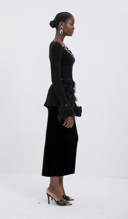 Velvet Midi Skirt-Black