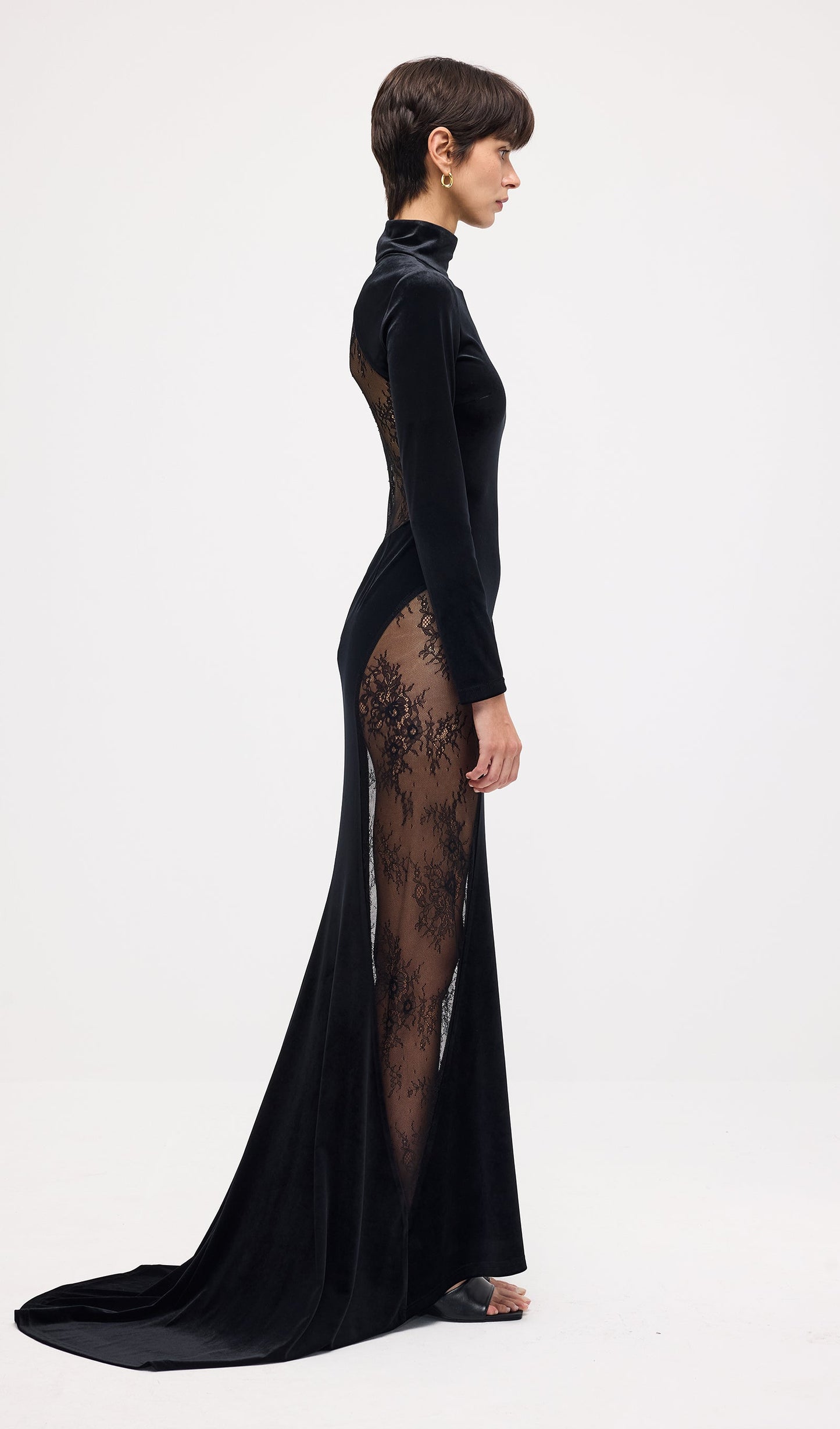 Semi-Sheer Lace Velvet Maxi Dress