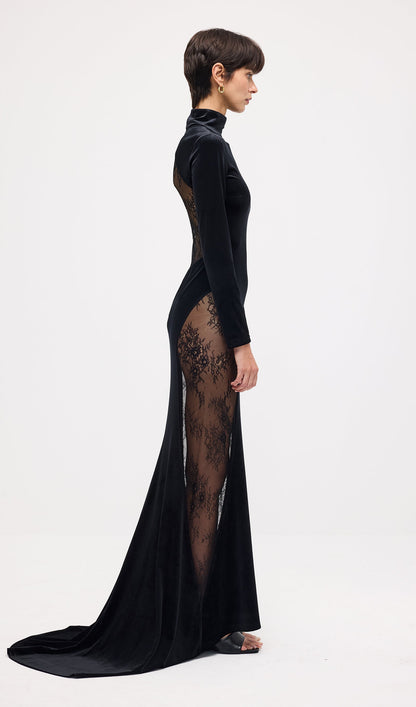 Semi-Sheer Lace Velvet Maxi Dress