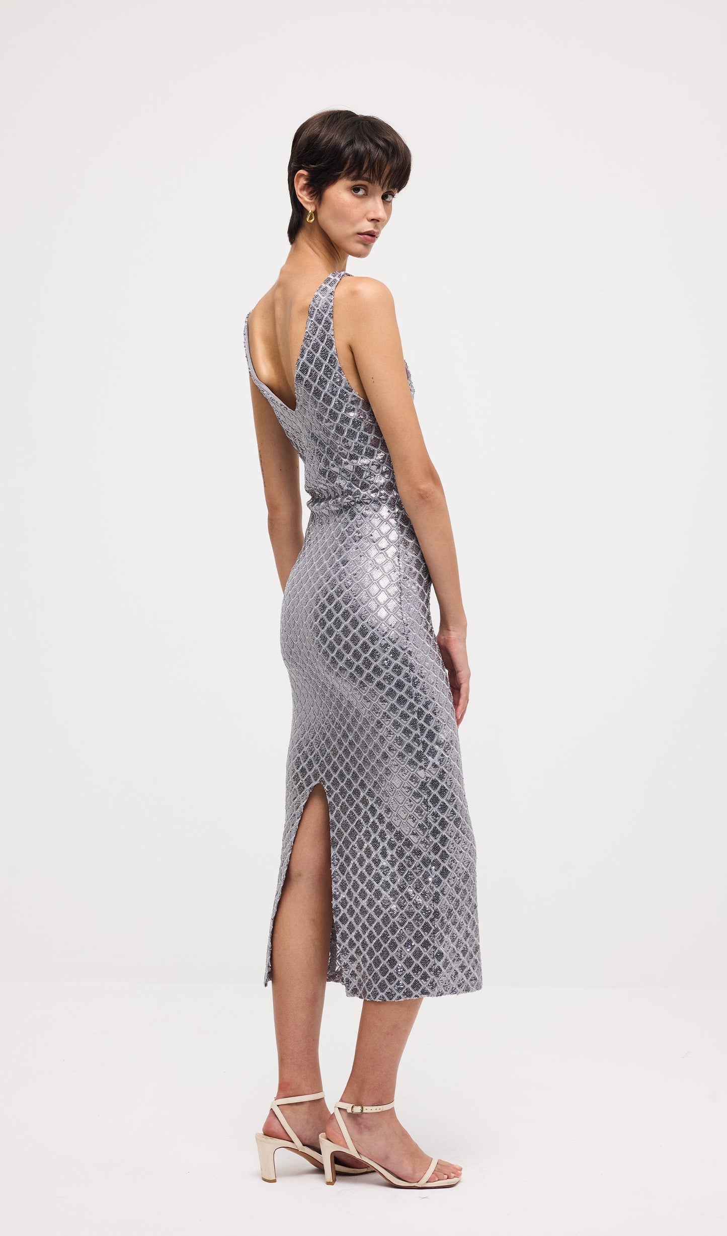 Sleeveless Embellished V Neck Midi Dress