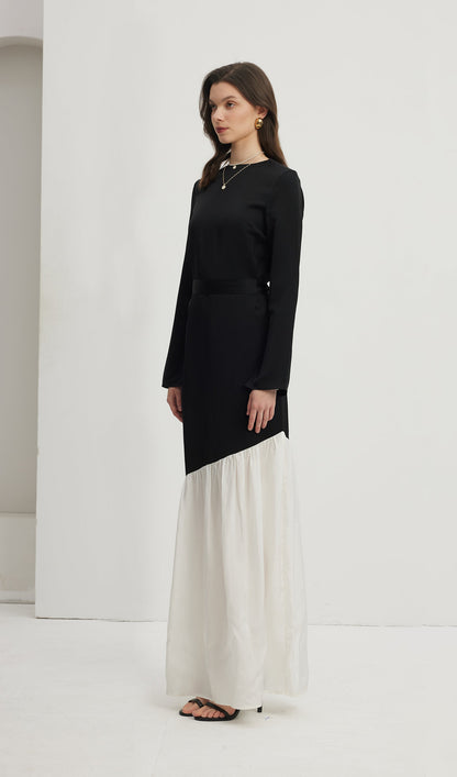 Asymmetrical Black/White Colorblock Maxi Dress