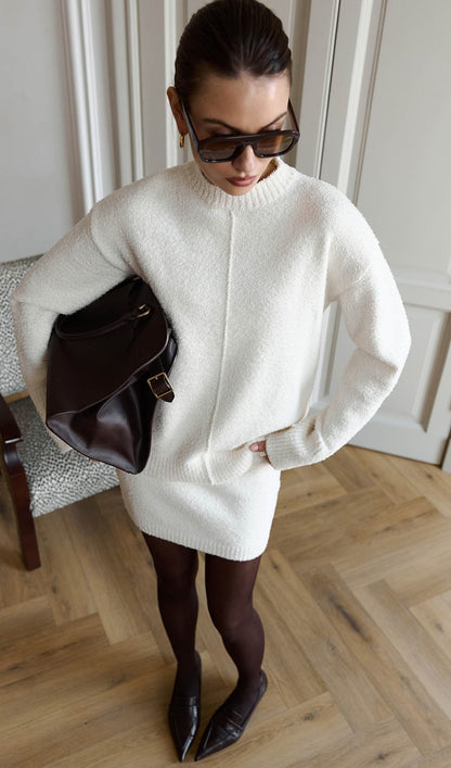 Textured Knitted Jumper & Mini Skirt Set White