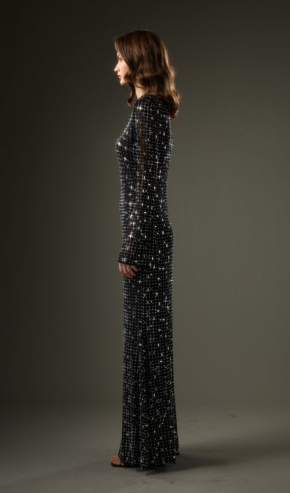 Rhinestone-Embellished Mesh Maxi Dress