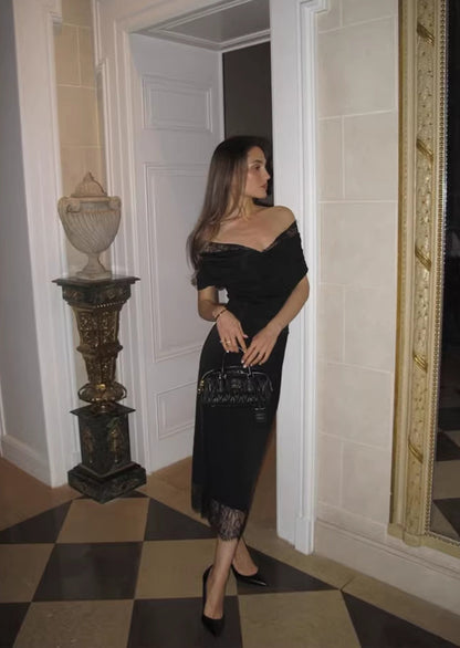 Iris Lace Trim Midi Dress In Black