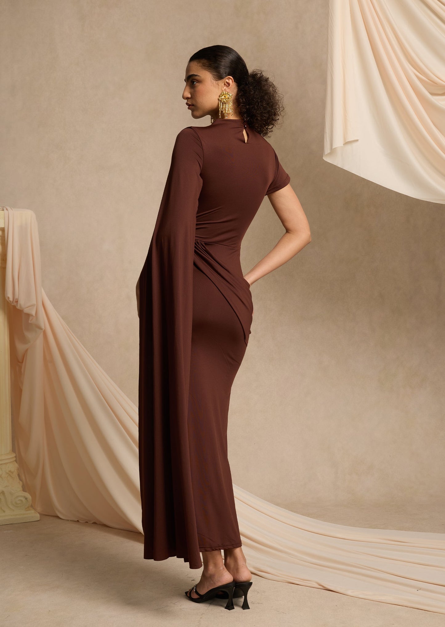 High Neck Maxi With Long Cape Sleeve