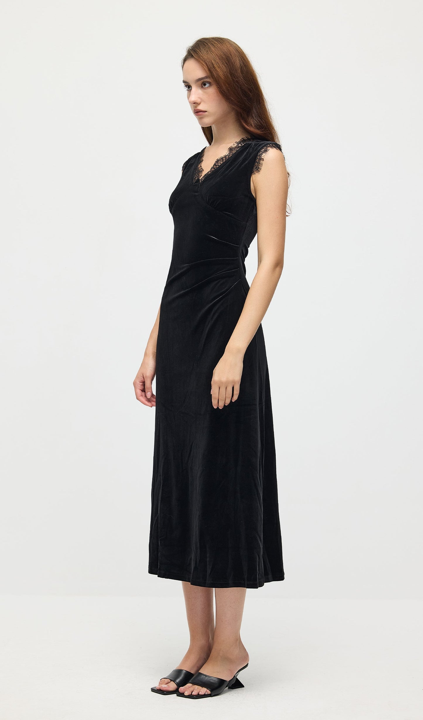 Lace Trimmed Velvet Midi Dress