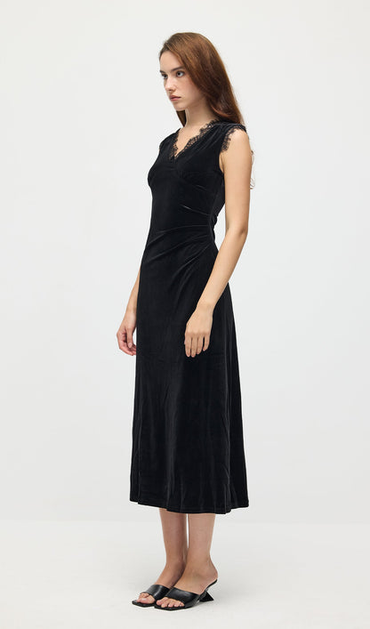 Lace Trimmed Velvet Midi Dress