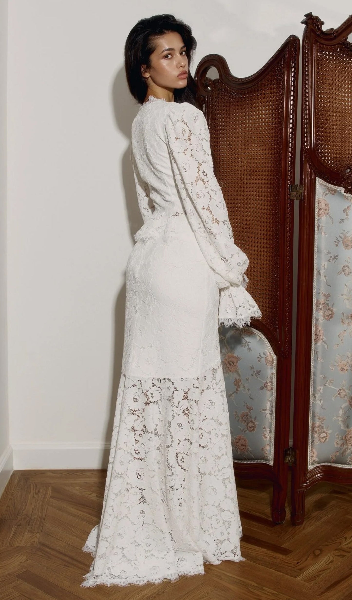 Lace Trimmed Puff Sleeved Top & Fishtail Skirt Set