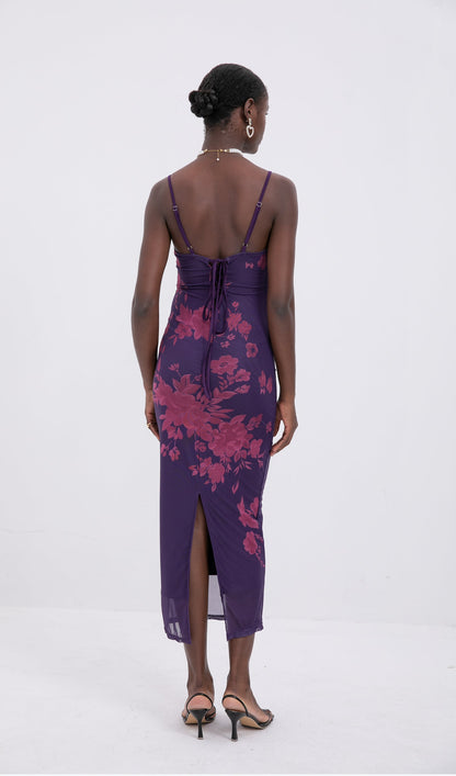 Trendy Tied Lace Floral Mesh Midi Dress