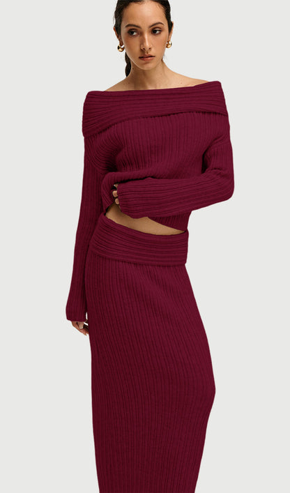 Off Shoulder Knitted Two Piece Set In Red