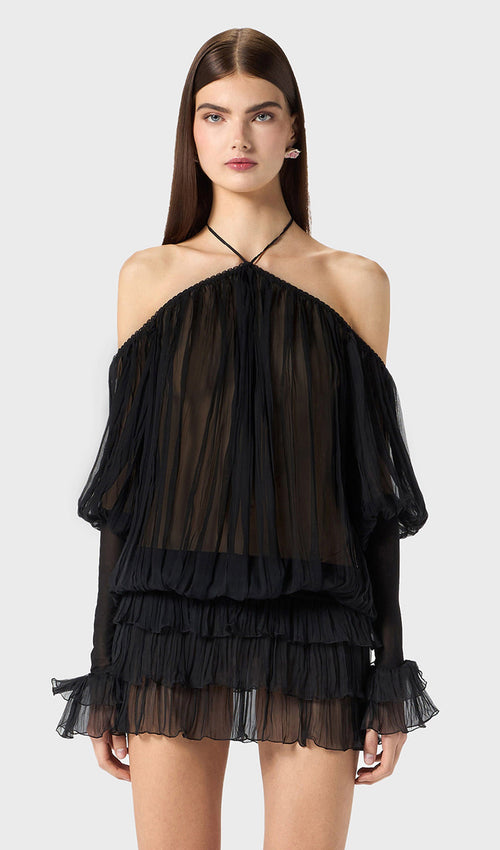 Long Sleeve Pleated Dress In Black