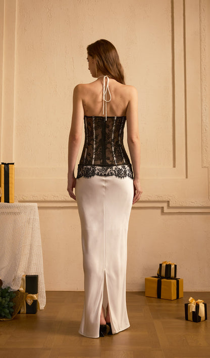 Satin And Lace Corset Maxi Dress White