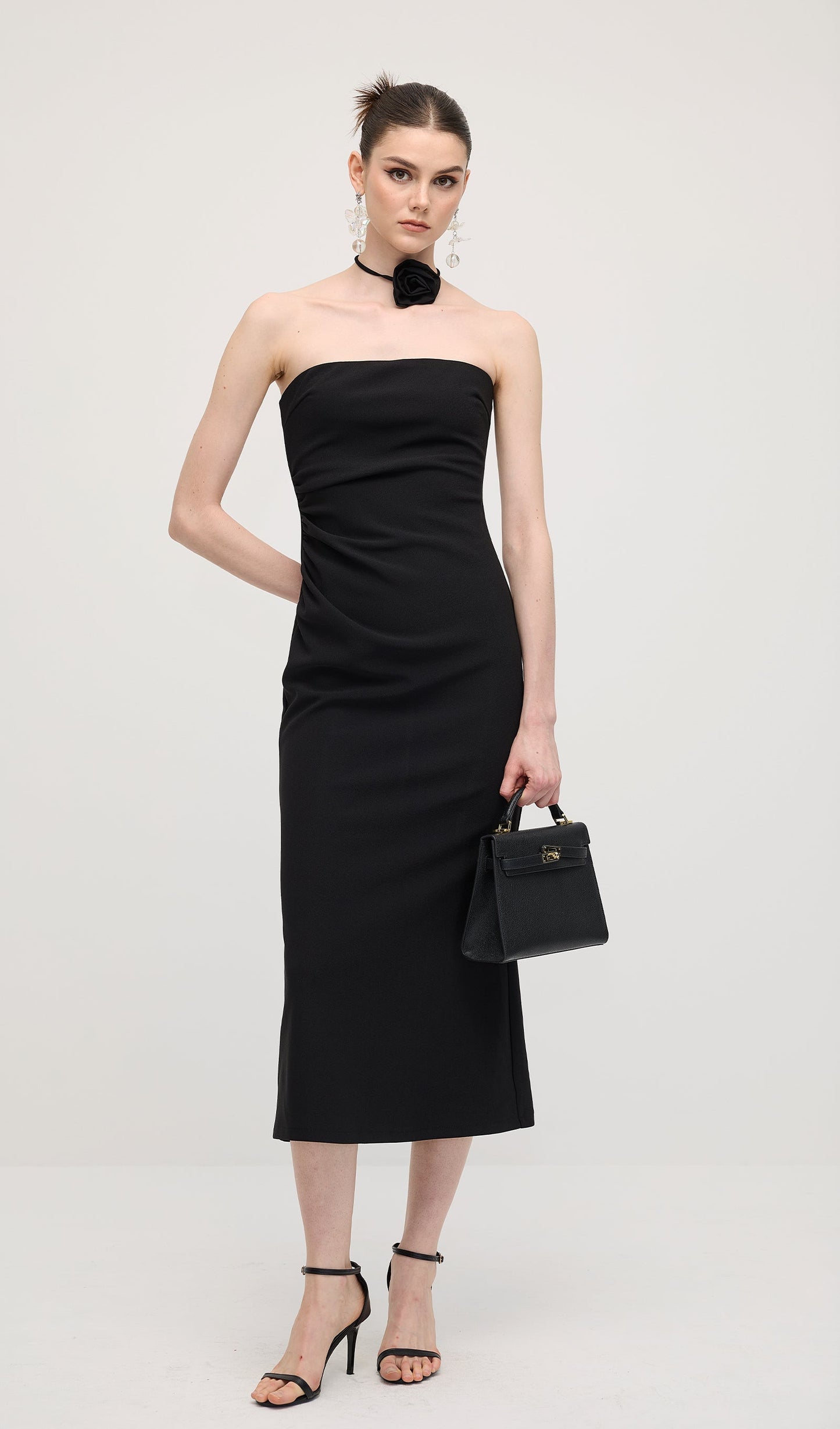 Solid Off Shoulder Midi Dress In Black