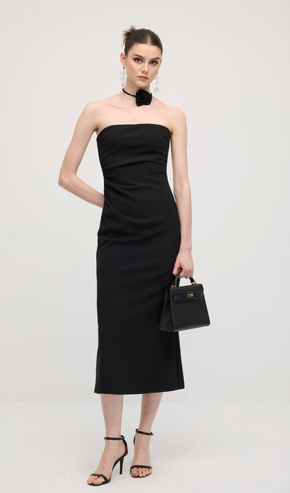 Solid Off Shoulder Midi Dress In Black