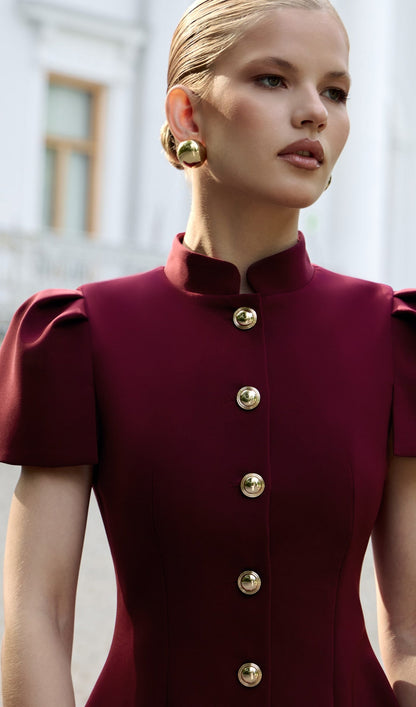 Mini Fitted Dress With Large Buttons In Claret
