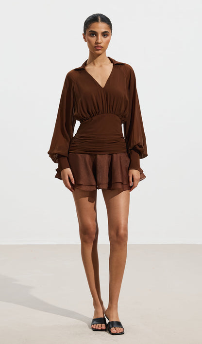 Solid Lantern Sleeve Mini Dress In Coffee