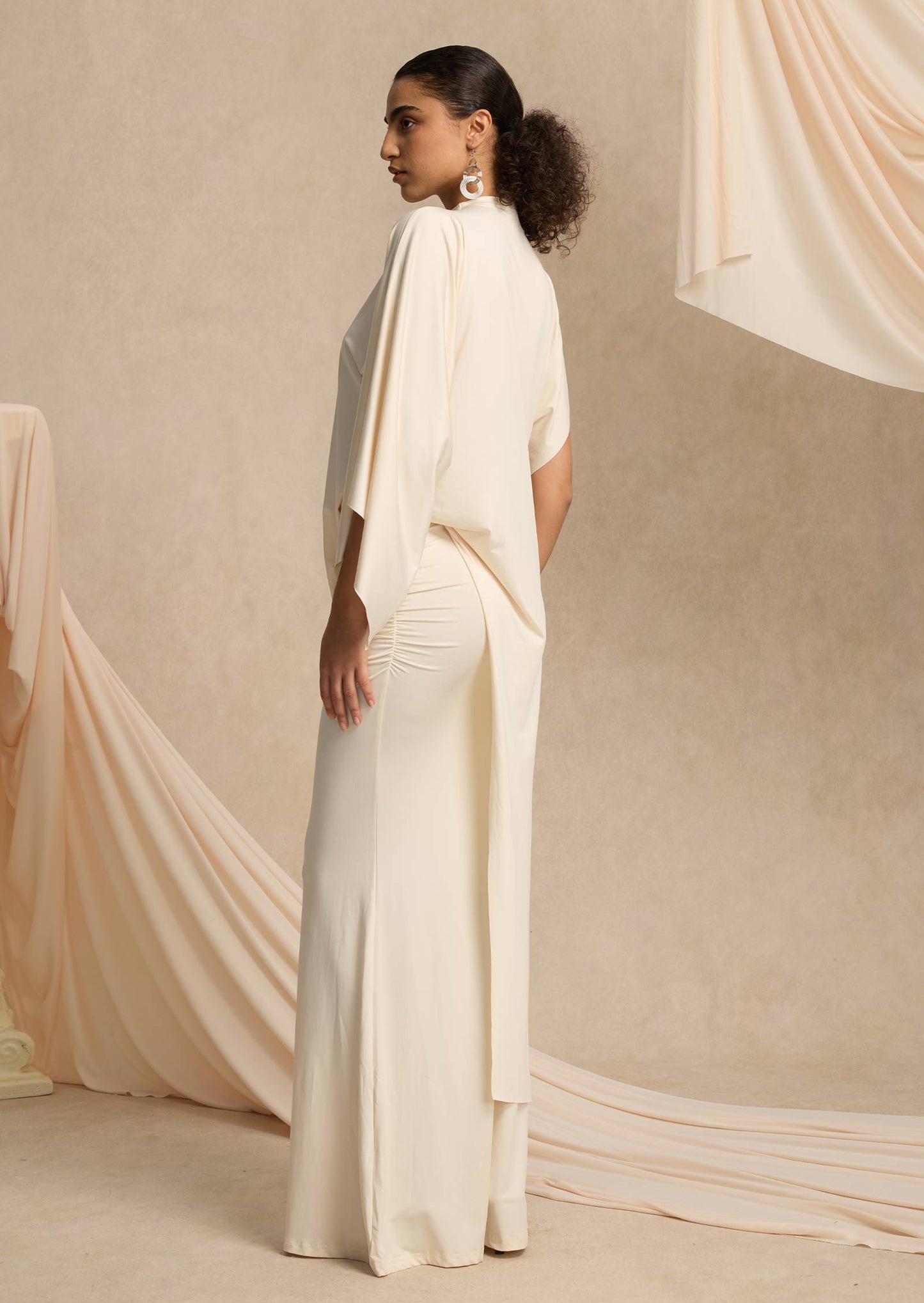 Asymmetrical Blouse & Maxi Skirt With Draped Set