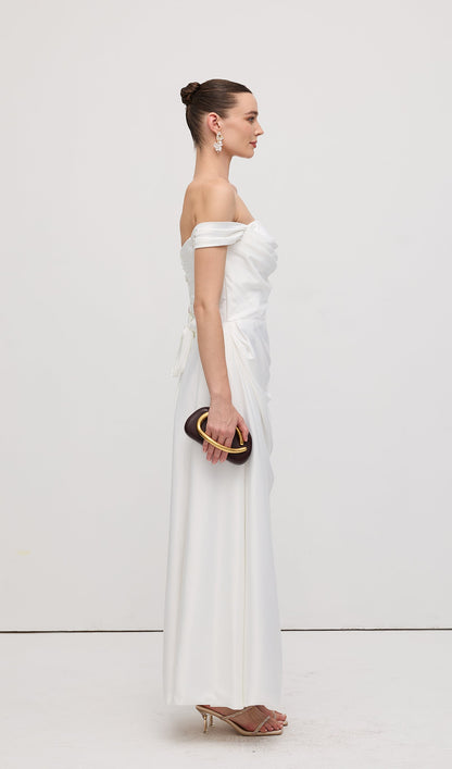 Off Shoulder Satin Maxi Dress