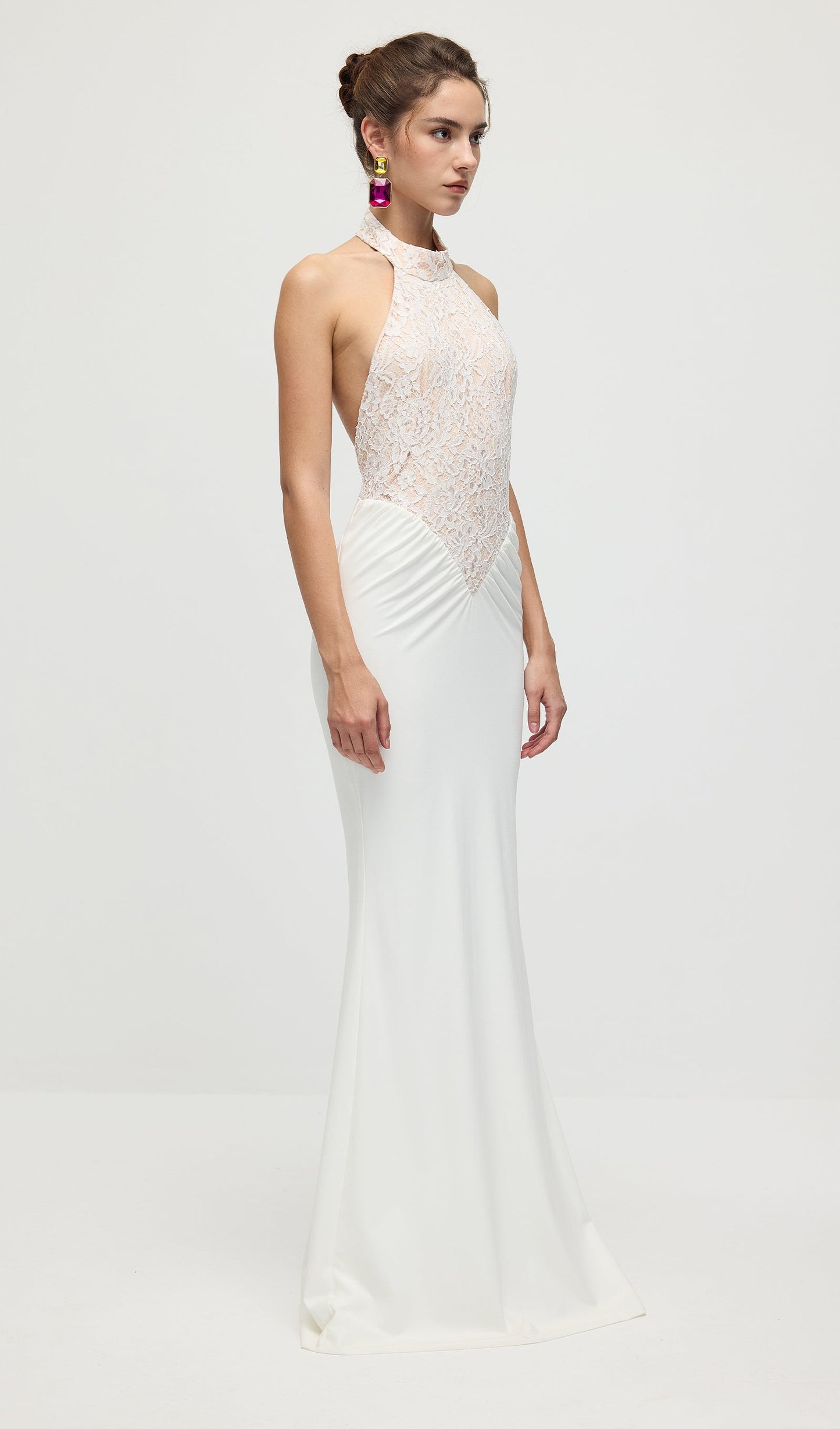 Gathered Lace Jersey Halterneck Dress