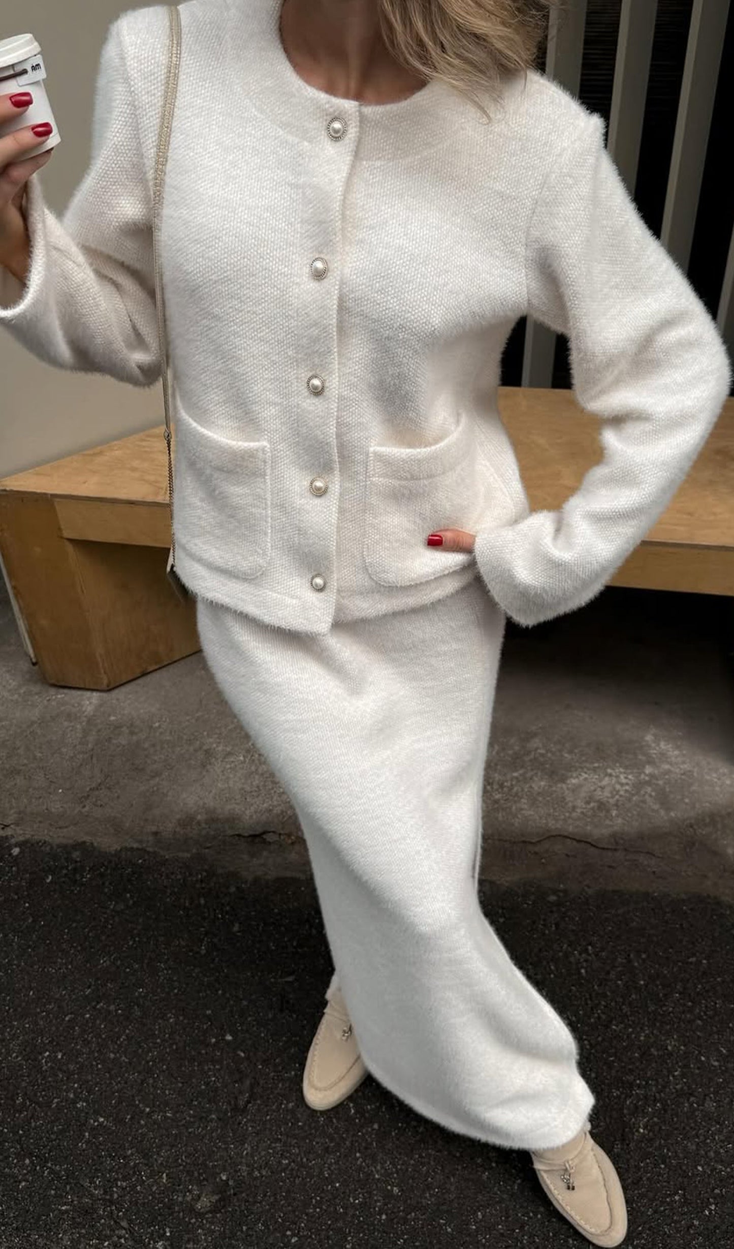 Long Sleeved Top And Slit Skirt Knit Set