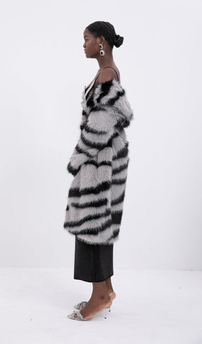 Trendy Faux Fur Zebra Print Coat