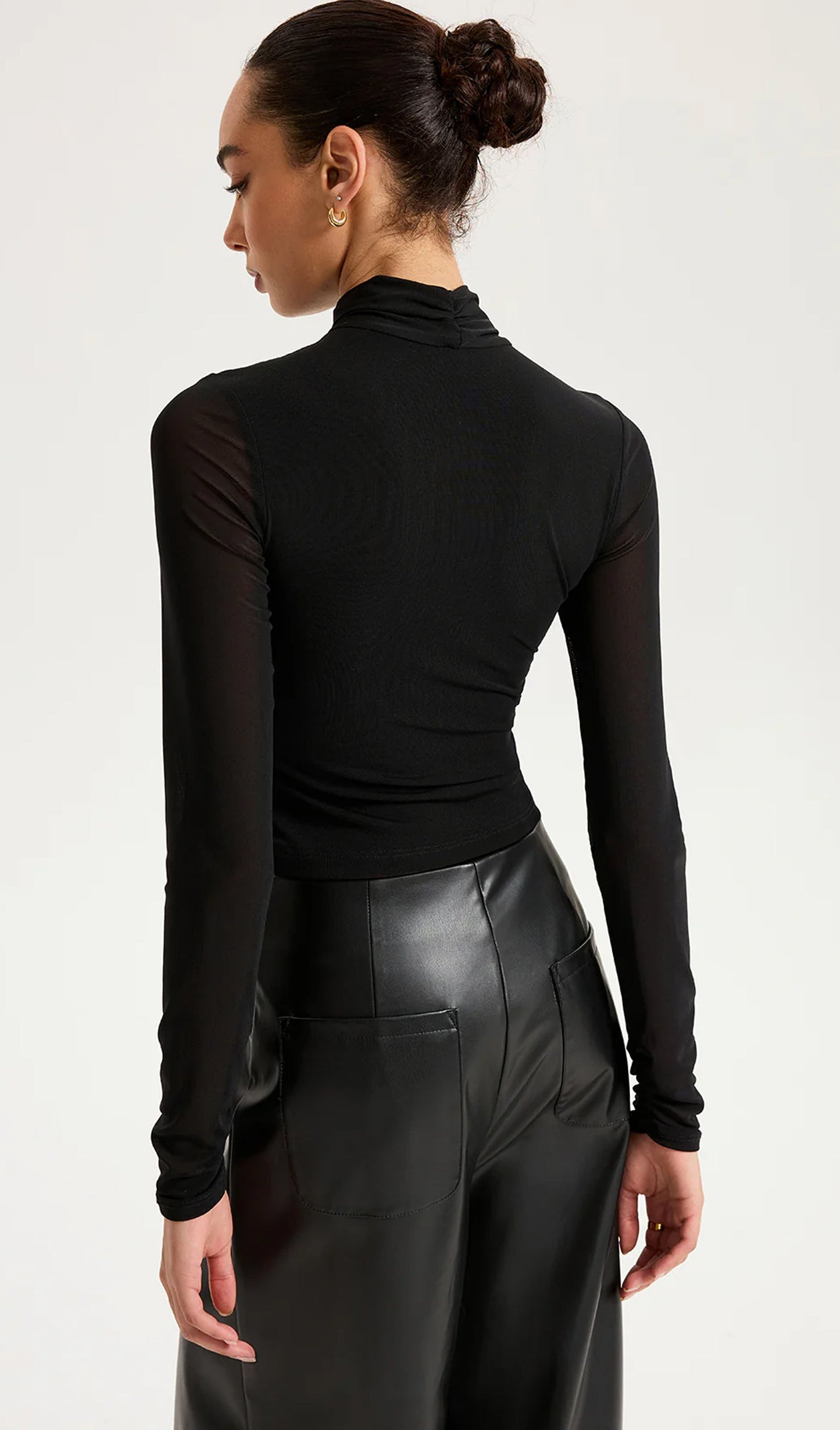 Cross-Front Sheer Mesh Long-Sleeve Top Black