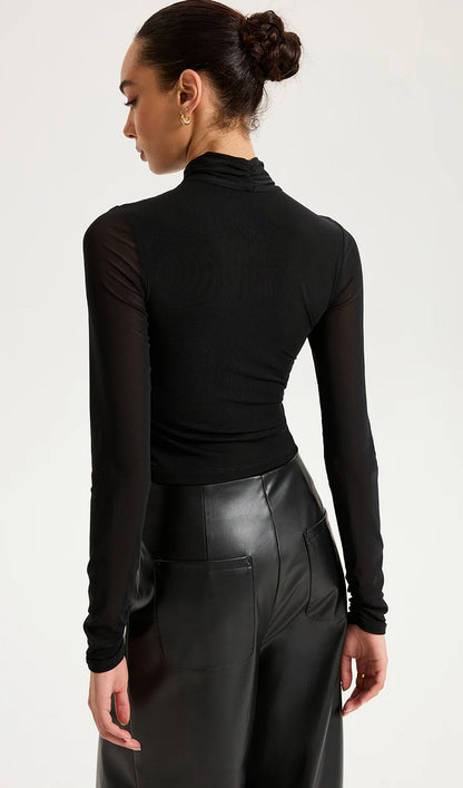 Cross-Front Sheer Mesh Long-Sleeve Top Black