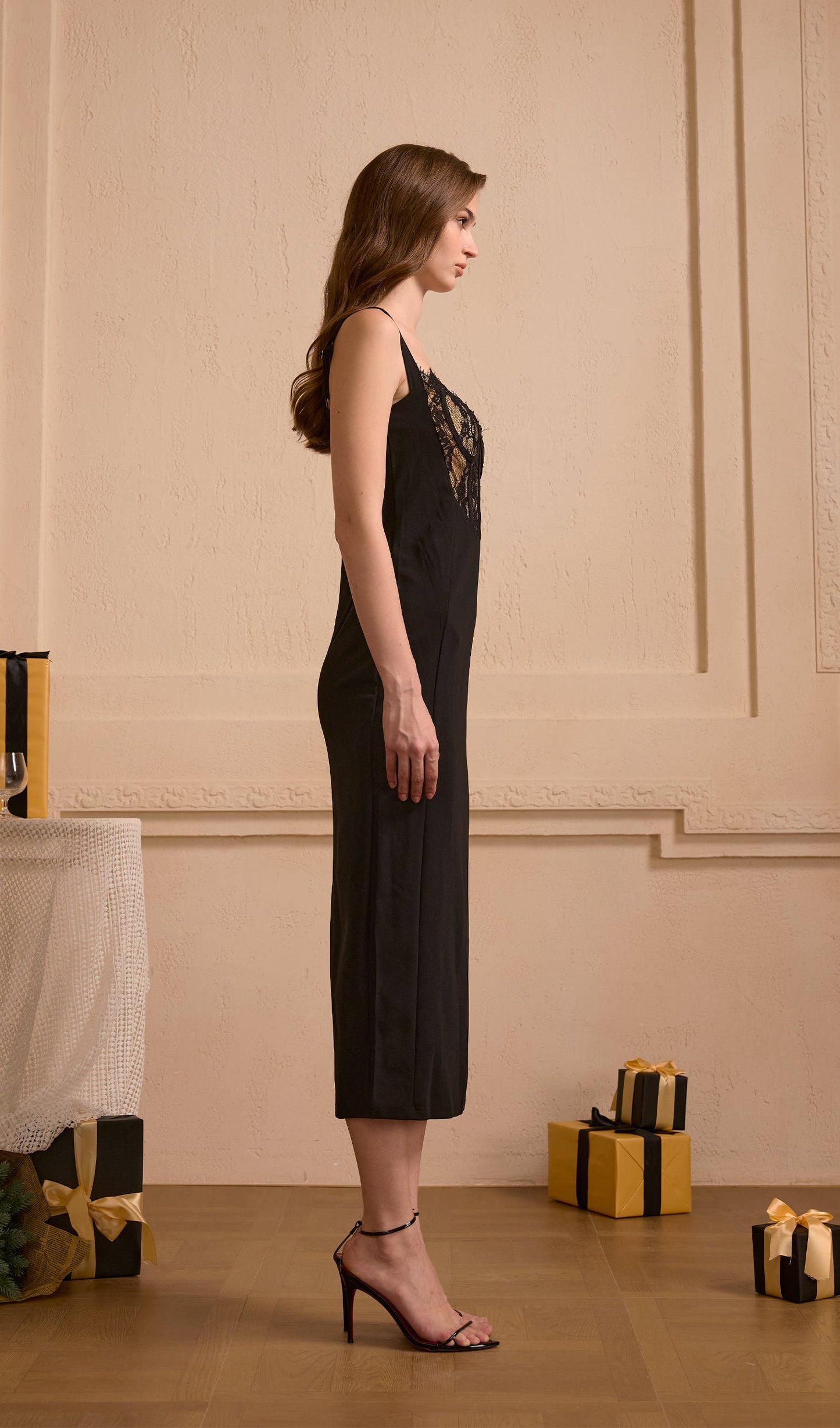 Lace-Trimmed Open Back Midi Dress