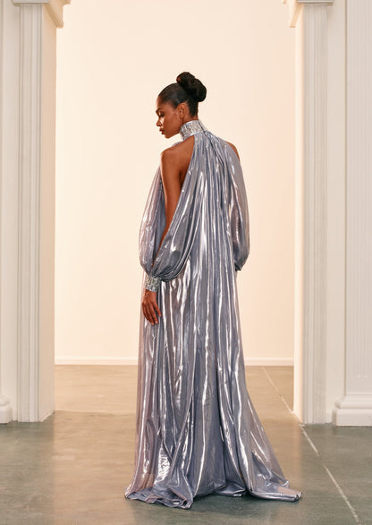 Silver Chiffon Lamé Maxi Dress With Halter Neck