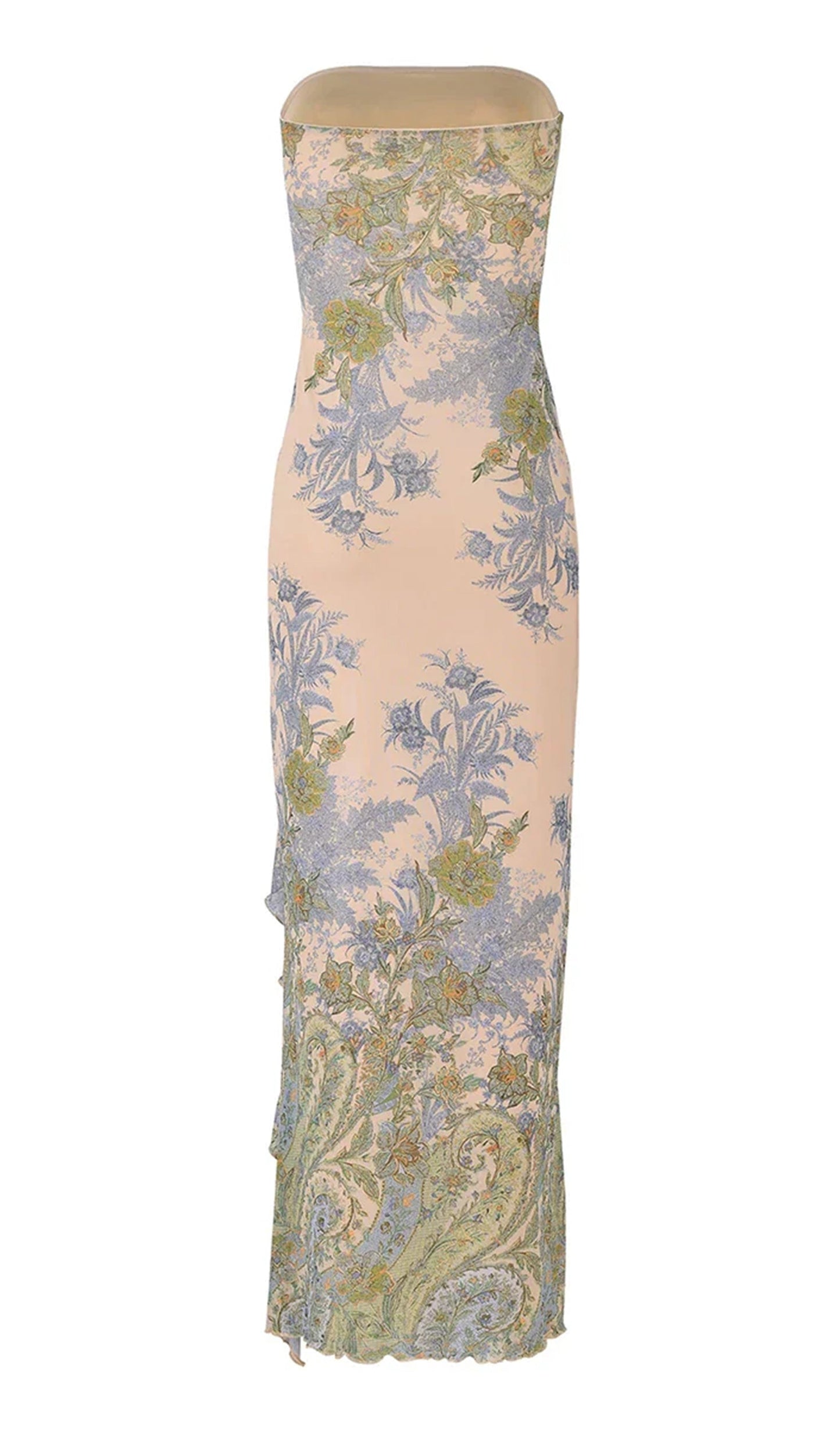 Printed Strapless Slit Midi Dress