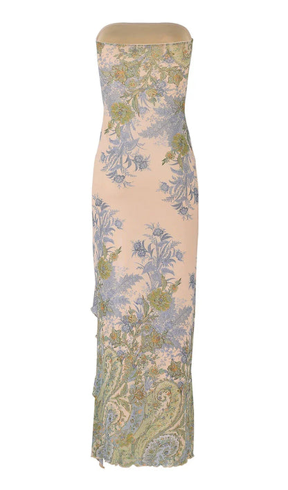 Printed Strapless Slit Midi Dress