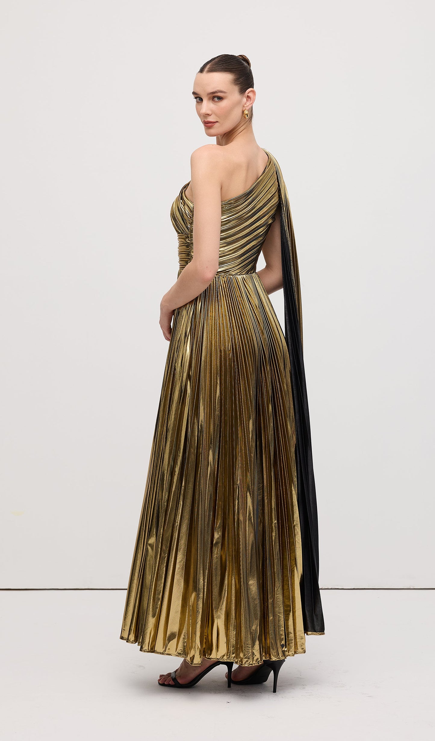 Pleated Metallic One Shoulder Maxi Dress