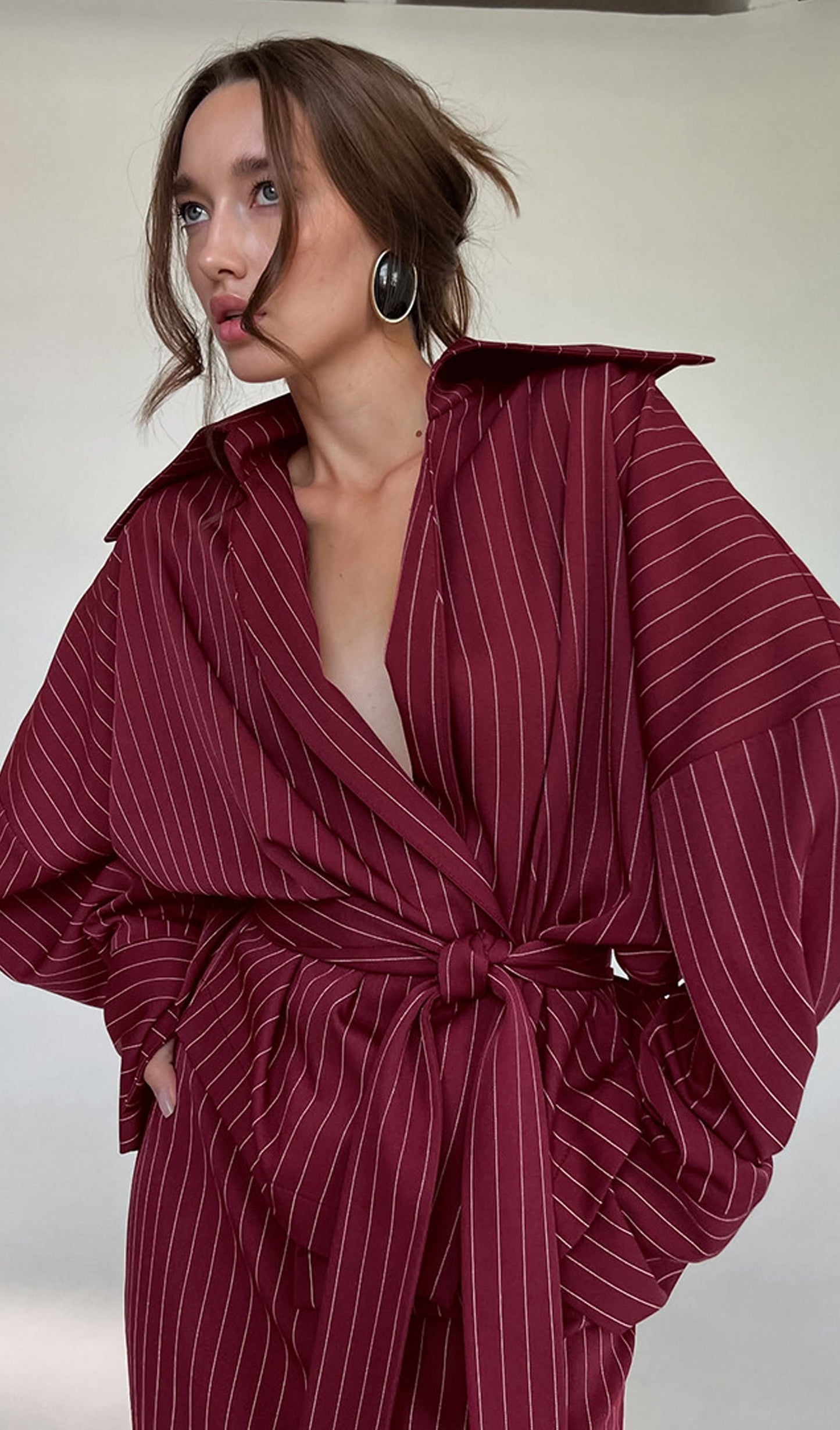 Striped Deep V Neck Tie-Up Maxi Skirt Two Piece Set