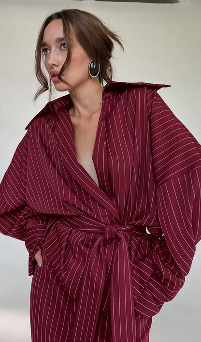 Striped Deep V Neck Tie-Up Maxi Skirt Two Piece Set