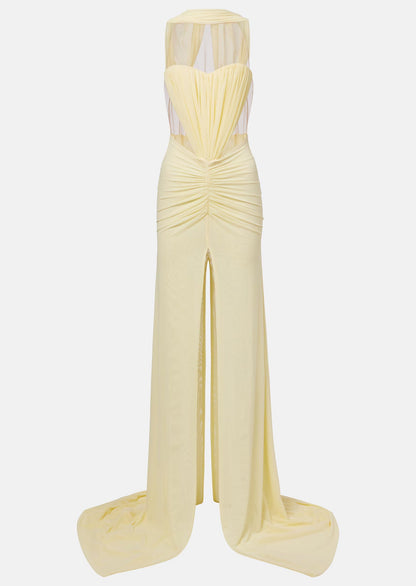 Ruched Halter Neck Slit Gown