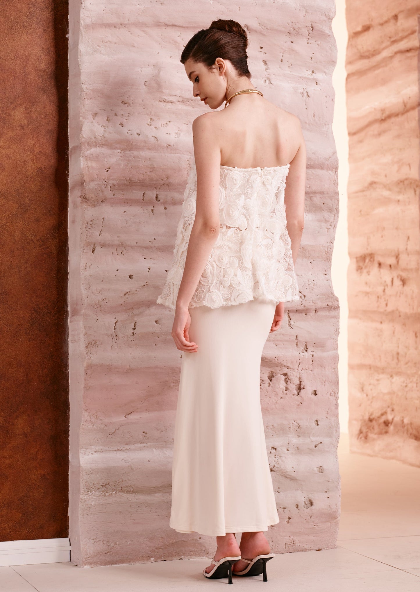 Strapless Bias Maxi Skirt With Rose Embroidery Set