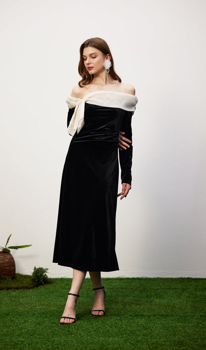 Off Shoulder Pearl Lace Up Maxi Dress